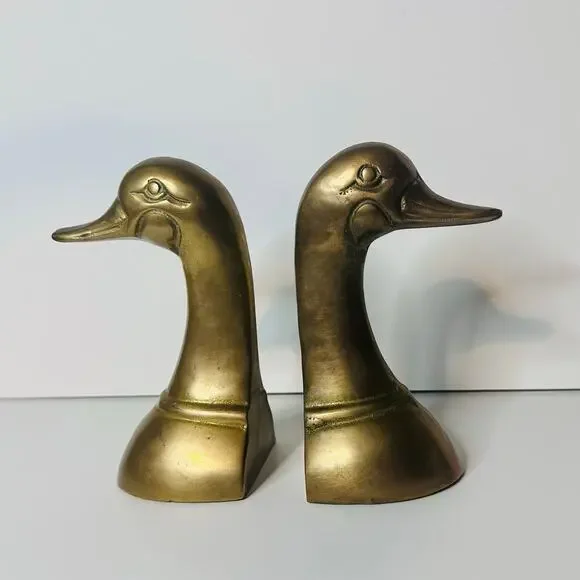 Brass Bookends Mallard Duck Head Set 6" Mid Century Brass Decor Doorstop Gift - Picture 7 of 7